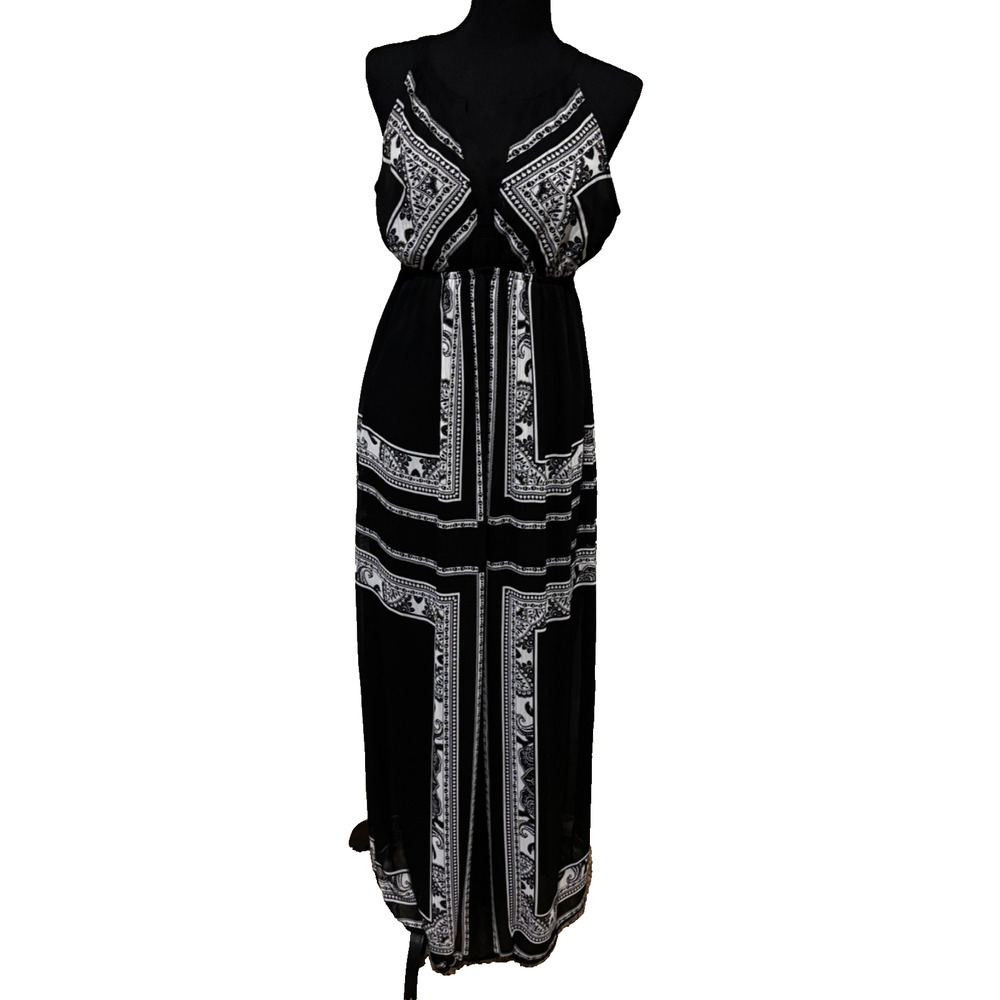 Old Navy Maternity Maxi‎ Dress sz S Black White lined & sheer Flowy Boho fairy